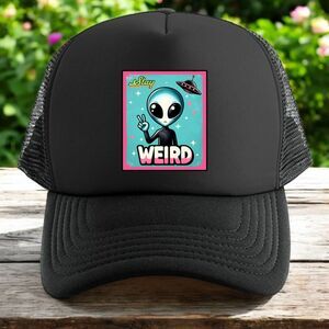 Alien trucker hat mens O/S black snapback stay weird cryptid funny mesh novelty